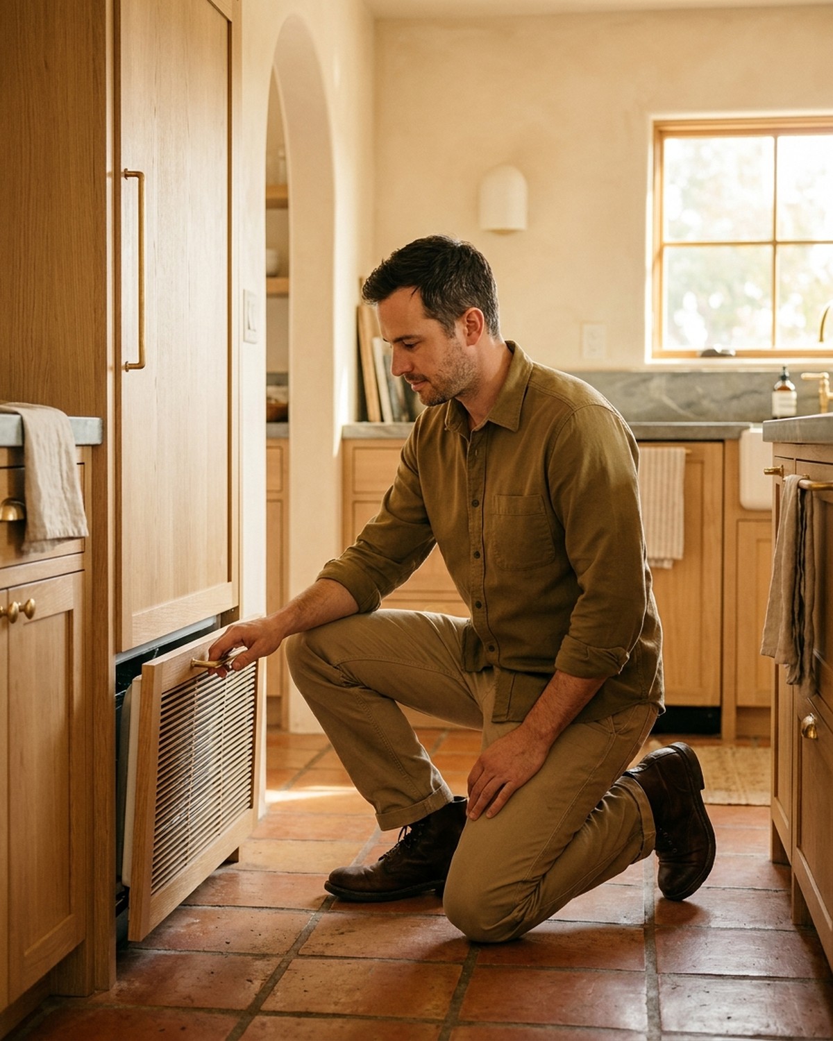 Warm California kitchen with technician at work, vertical portrait crop