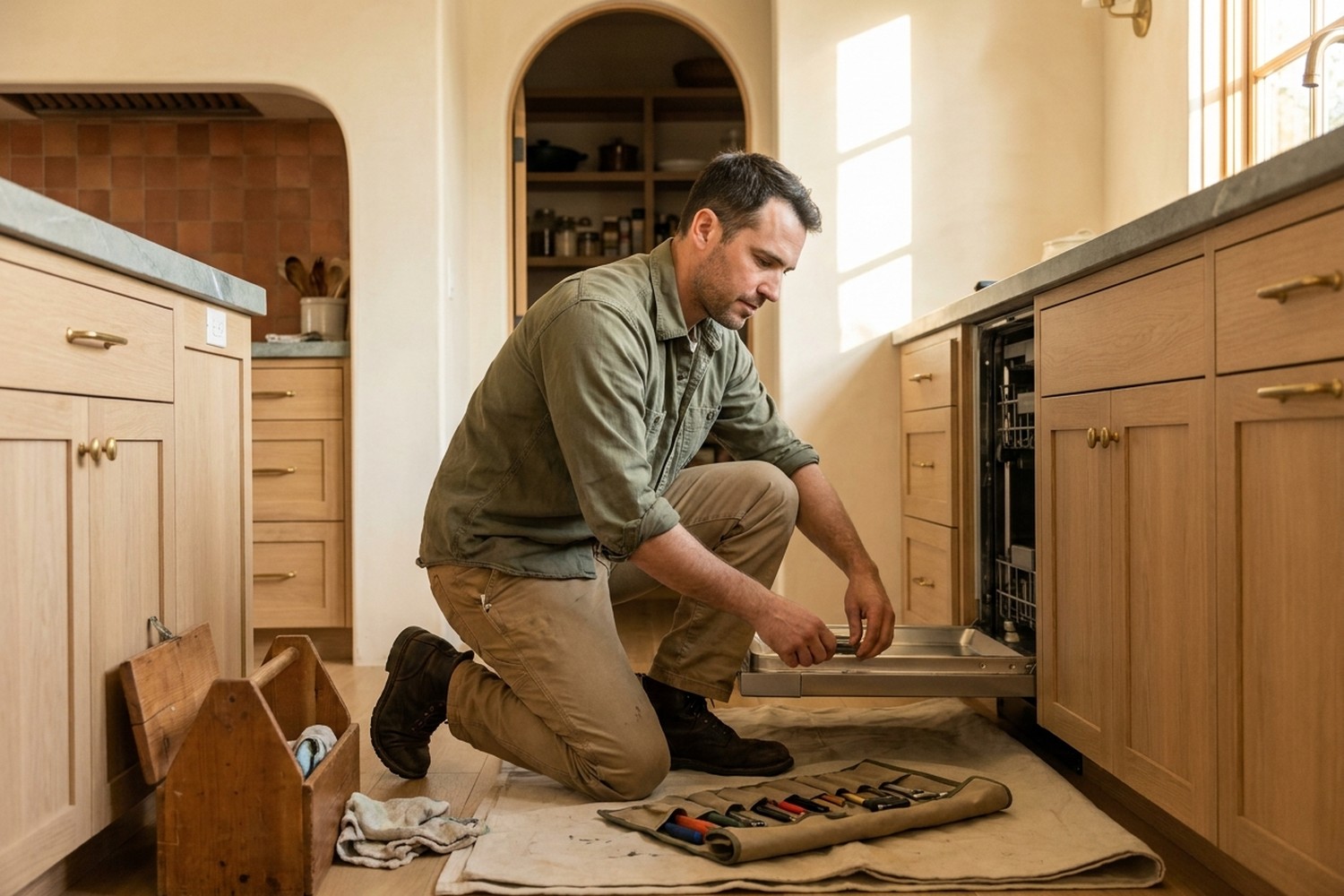 Technician carefully working inside a client's home